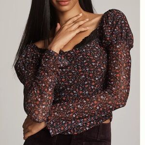 Anthropologie Maeve Mutton Sleeve Mesh Lace Scoop Neck Ditsy Floral Top Sz M